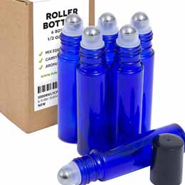 Blue Glass Essential Oil Roller Bottles.