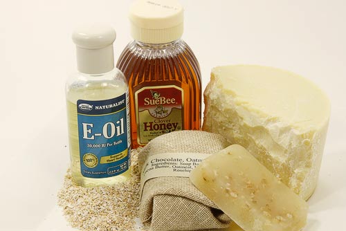 Cocoa Butter, Honey, Oats and Other Ingredients to Make Chocolate Oatmeal Honey Soap.